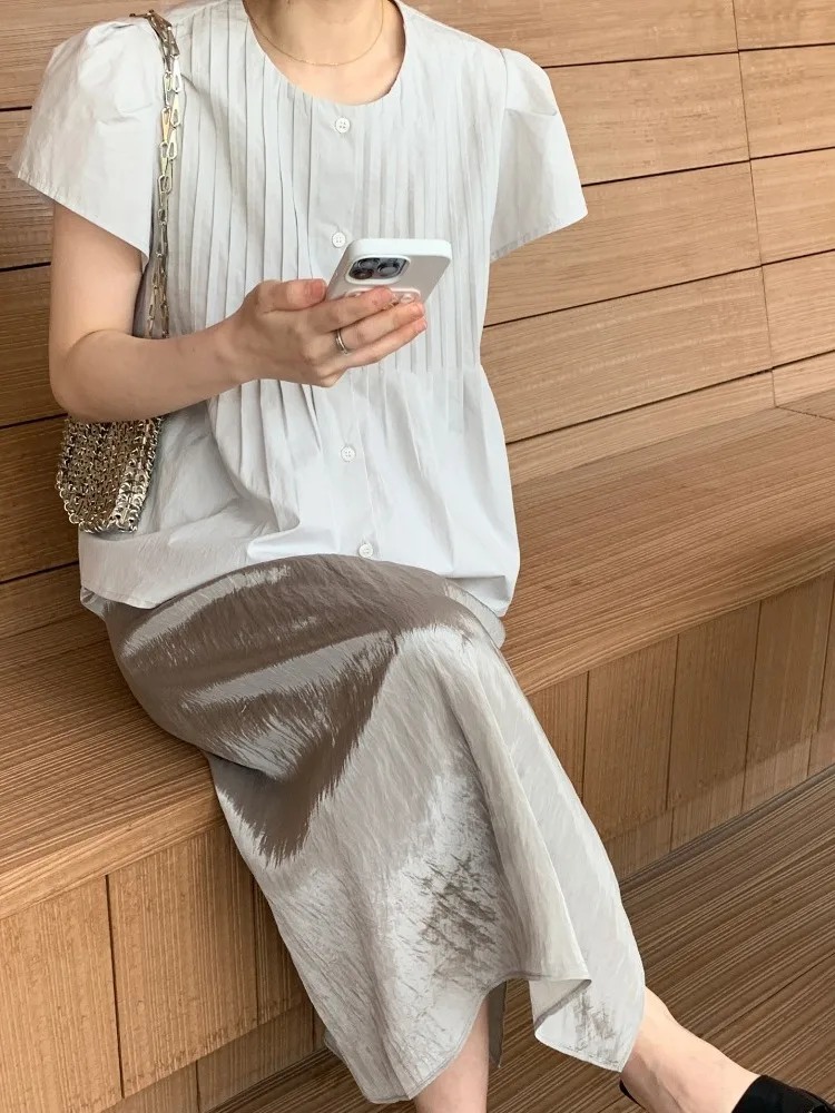 

Faionable Chic Women's ort Sve irt Summer New Sle Single Button Folded Hemline Breathable Thin Korean Loose Fit Top
