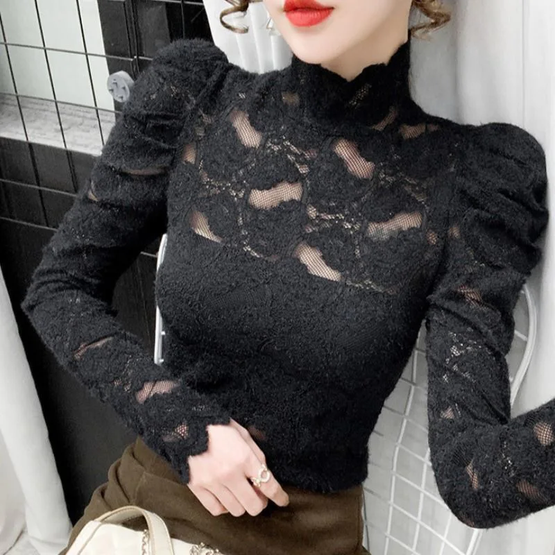 Elegant Turtleneck Folds Ruffles Hollow Out Lace Blouse Women Clothing 2023 Autumn New Casual Pullovers Puff Sleeve Korean Shirt