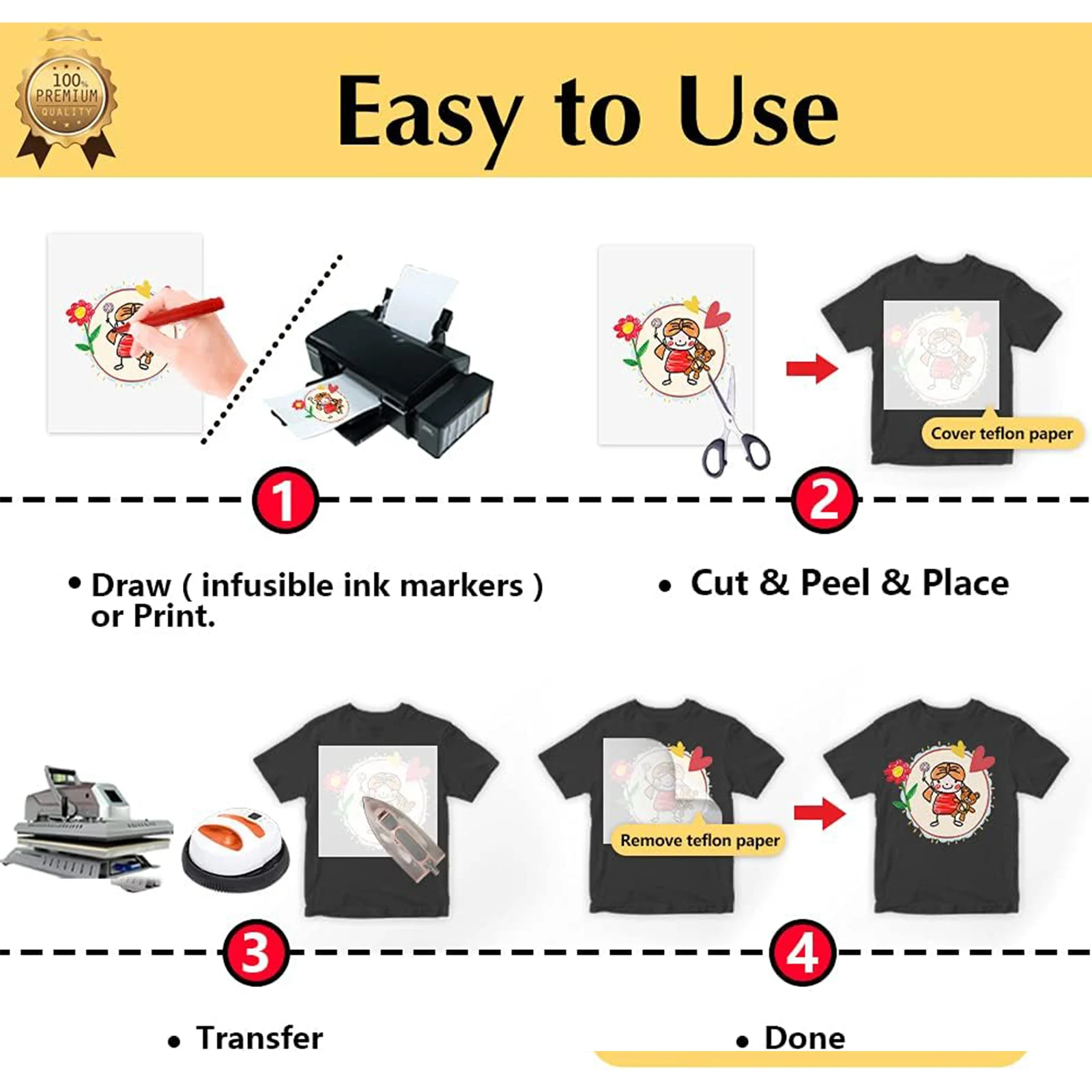 5 Sheets 8.5X11 Inch Iron on Heat Transfer Paper for Dark Fabric T Shirt Transfers Paper for Inkjet Printer