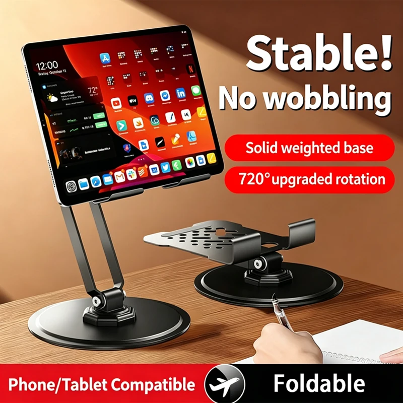 All-Metal 360° Rotating Tablet Stand Foldable Portable Desktop Phone Holder for IPad Samsung Xiaomi for Watching Videos Office