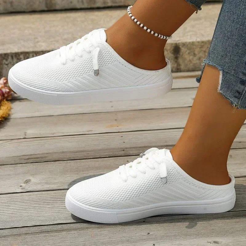 Women White Backless Mule Sneakers Breathable Knit Upper No Tie Laces Light Sole Slip on Casual Walking Shoes