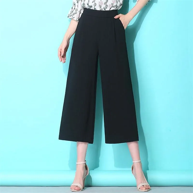 Moda feminina chiffon calças de perna larga plus size calças de verão 2026 nova cintura alta bolsos grandes calças roupas femininas