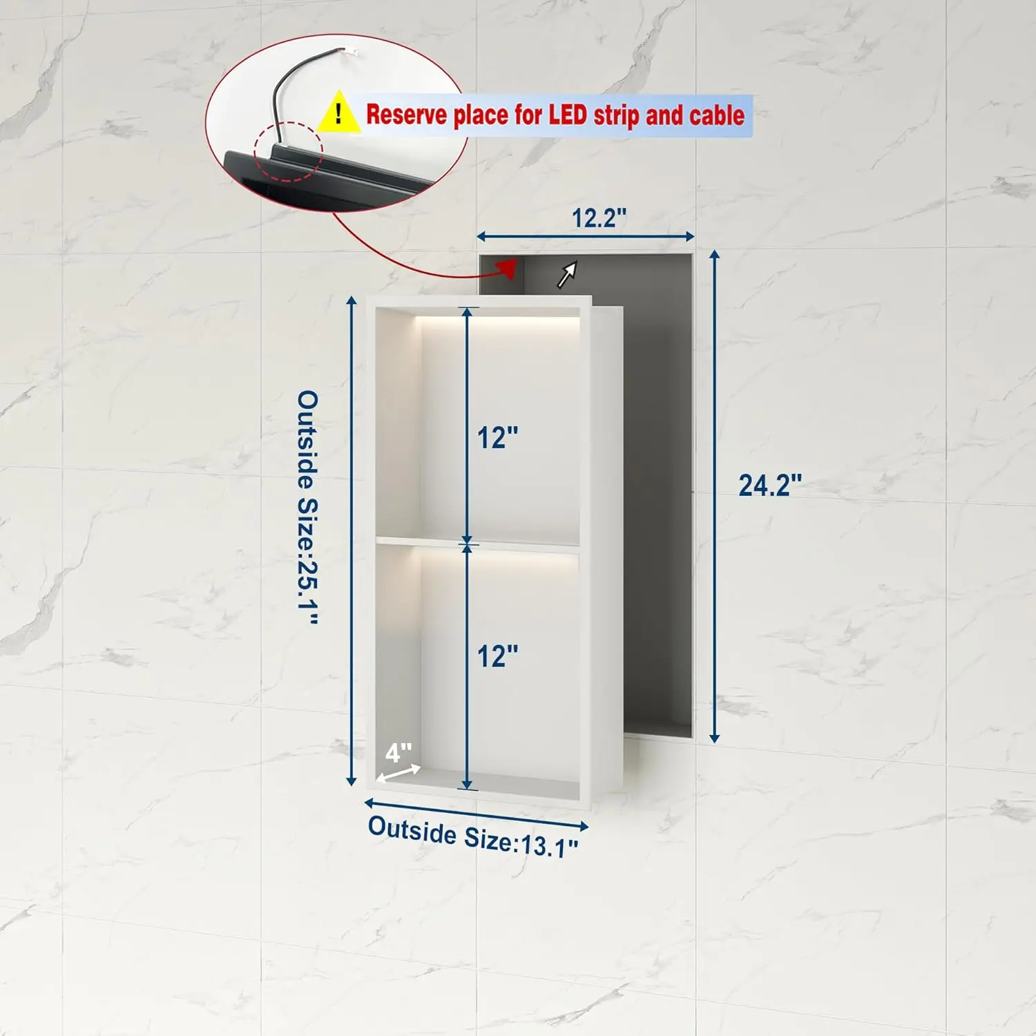 2-Tier Wall Niche with LED Light Strips, White Shower Niche Cabinet, Stainless Steel Bathroom Shelf, NO Tile Needed Recessed