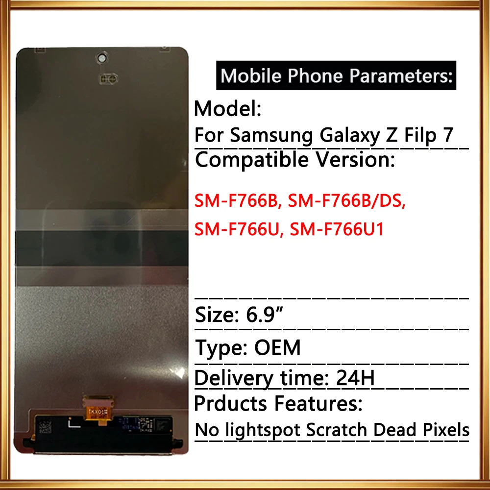 Amoled 2X For Samsung Z Flip7 5G LCD Display Touch Screen Assembly For Z Flip 7 SM-F766B, SM-F766B/DS, SM-F766U Replacement