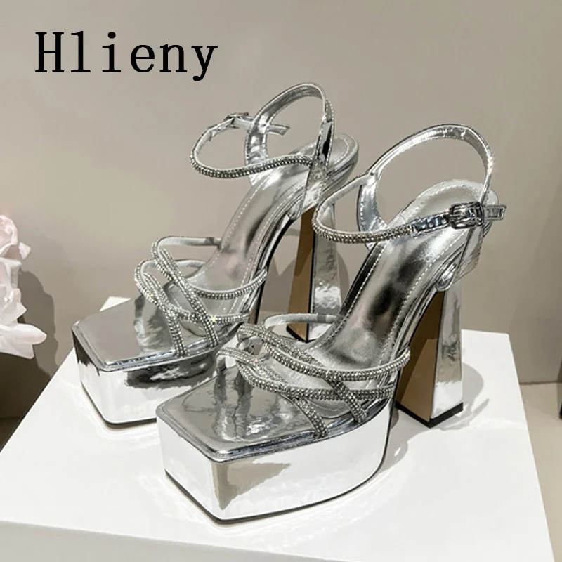 

Hlieny 2024 New Fashion Square Toe Platform High Heels Crystal Narrow Band Women Sandals Sexy Buckle Strap Summer Wedding Shoes