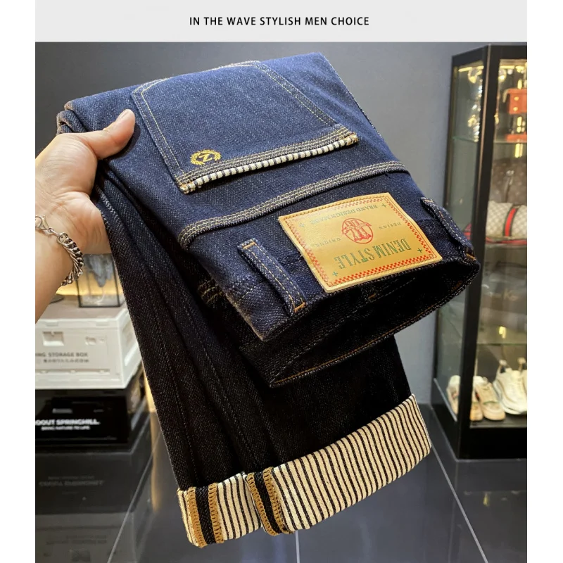 

Осень 202, новые легкие роскошные мужские джинсы оригинального цвета в стиле ретро, облегающие, маленькие ноги, четырехсторонние эластичные повседневные длинные брюки