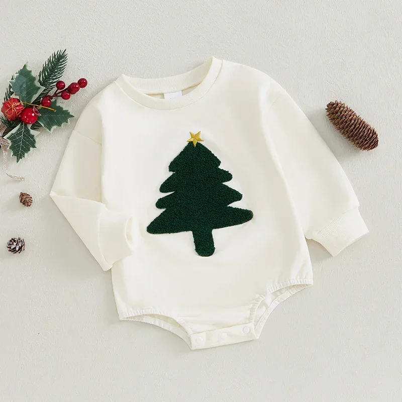 Baby Boys Girls Christmas Romper Snowman/Tree Embroidery Crew Neck Bubble Jumpsuit for Newborn Clothes