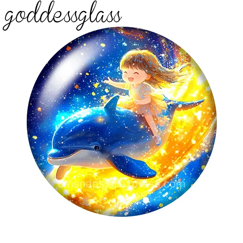 Moon Night Golden River dolphin Girl 12mm/18mm/20mm/25mm Round photo glass cabochon flat back Making findings earrings jewelry