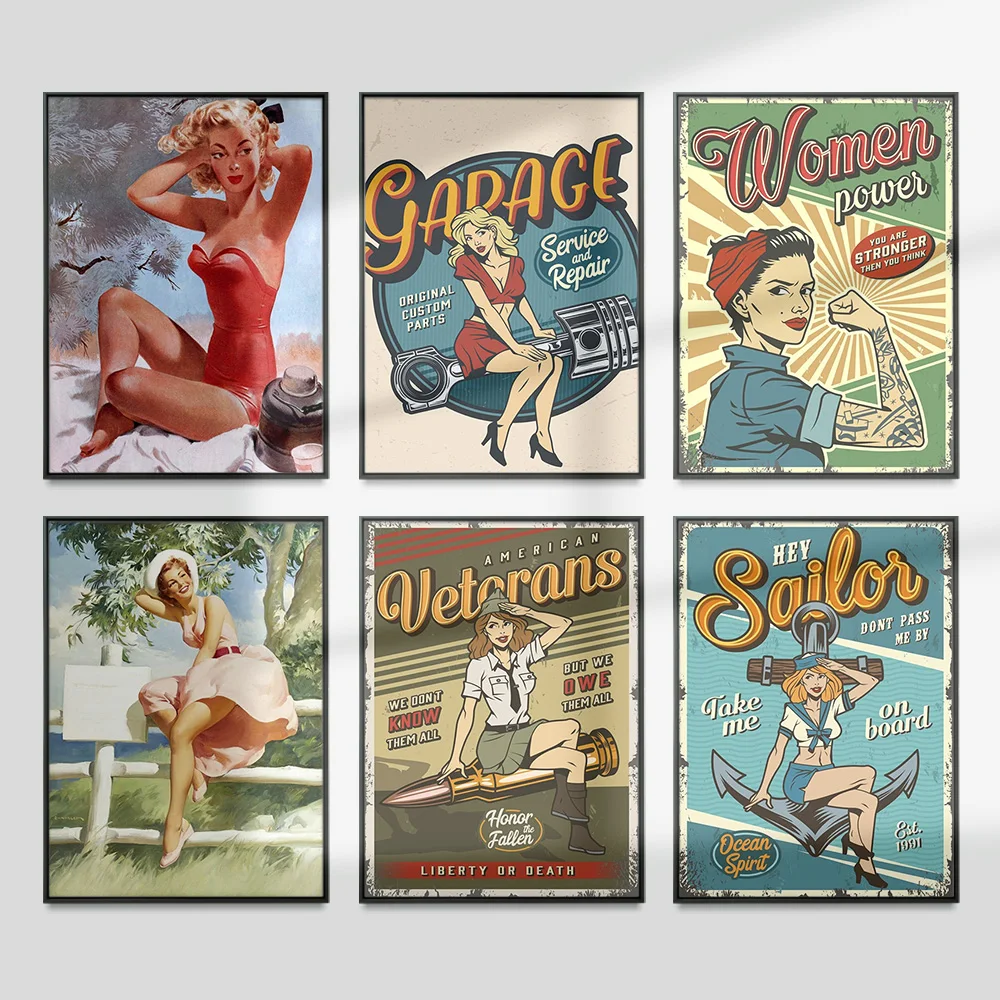 Classy Pin Up Girl Print Art Poster Sexy Woman Vintage Canvas Painting Retro Wall Stickers Bar Pub Club Decor
