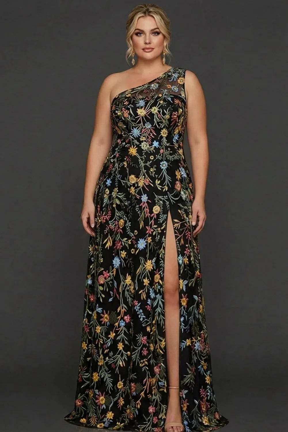 Plus Size Custom One Shoulder Tulle Ball Gown Colorful Floral Embroidered Floor Length Evening Gown Girls Wedding Bridesmaid