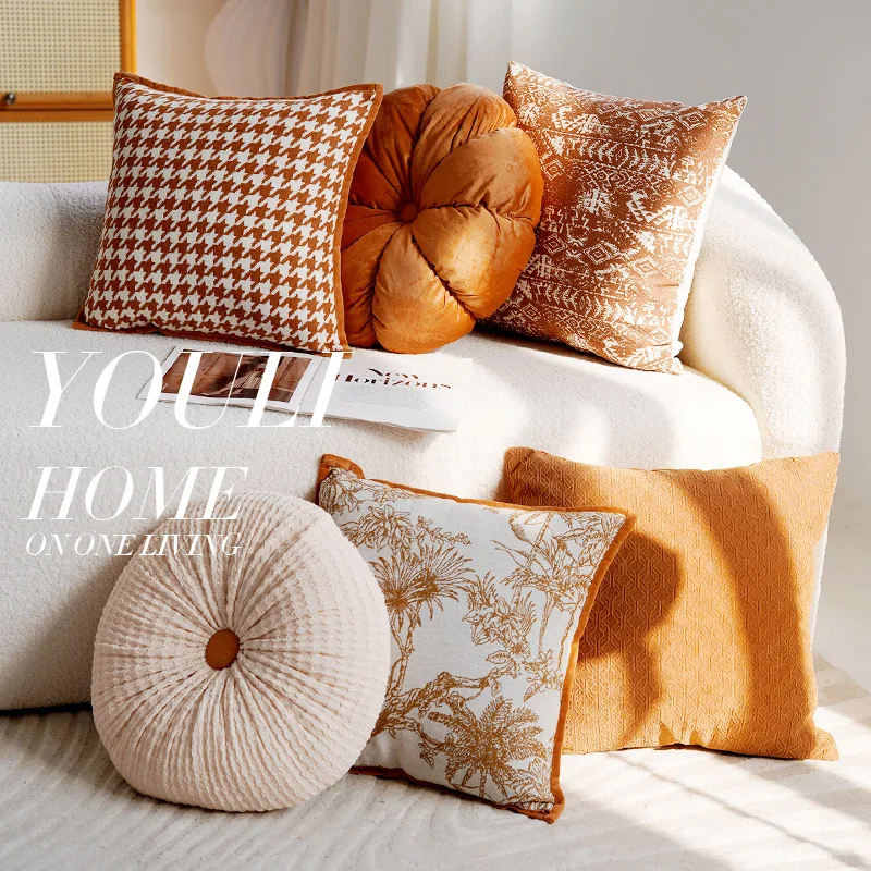 Light Luxury Premium Throw Pillow Covers Beige Brown Botanical and Checkered Dark Piping Cushion Set Living Room Bedroom Accent