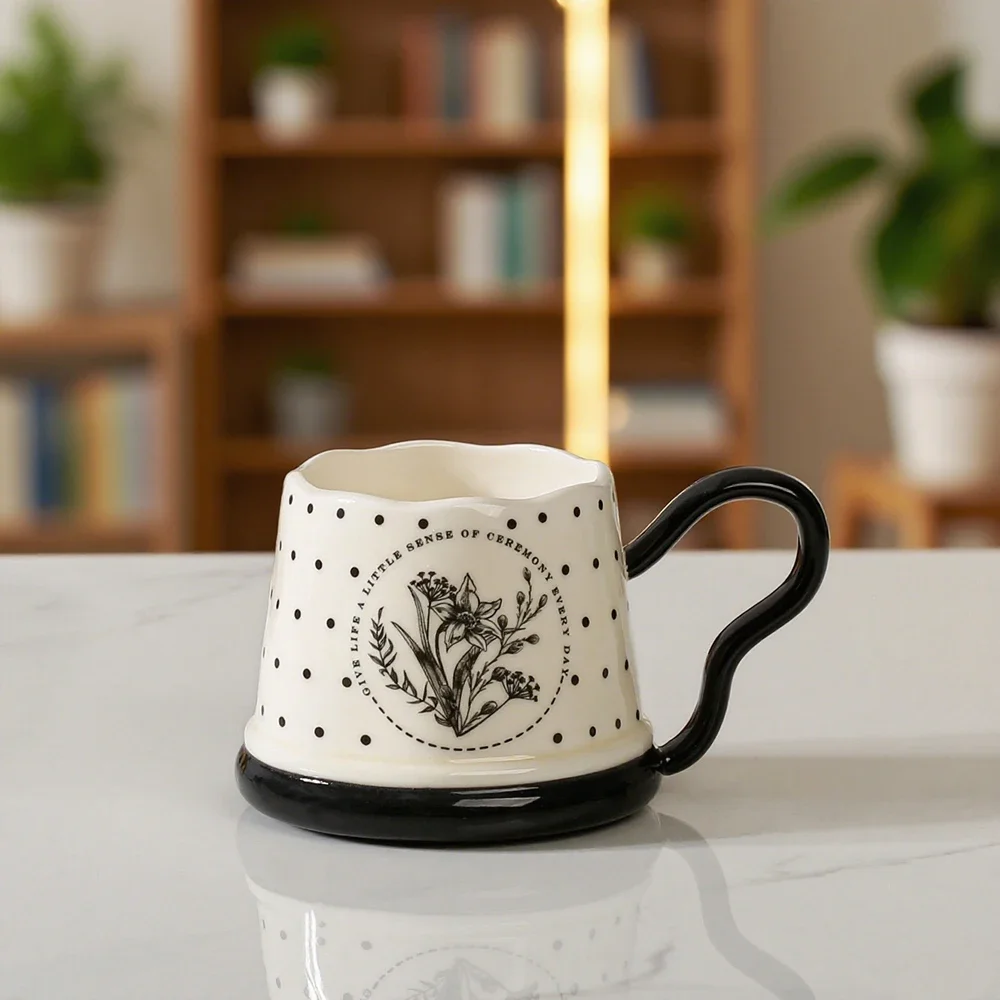 Contrast Color Ceramic Cup Classical Black White Floral Print Porcelain Mugs for Milk Coffee Home Office Use Drinkware Cups