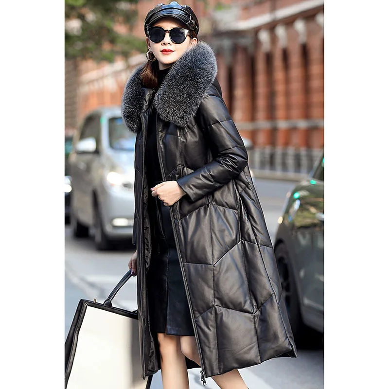 Women natural fox fur White duck down Coat doudoune femme PU Leather Coat Lady Long winter coat пуховик женский зима