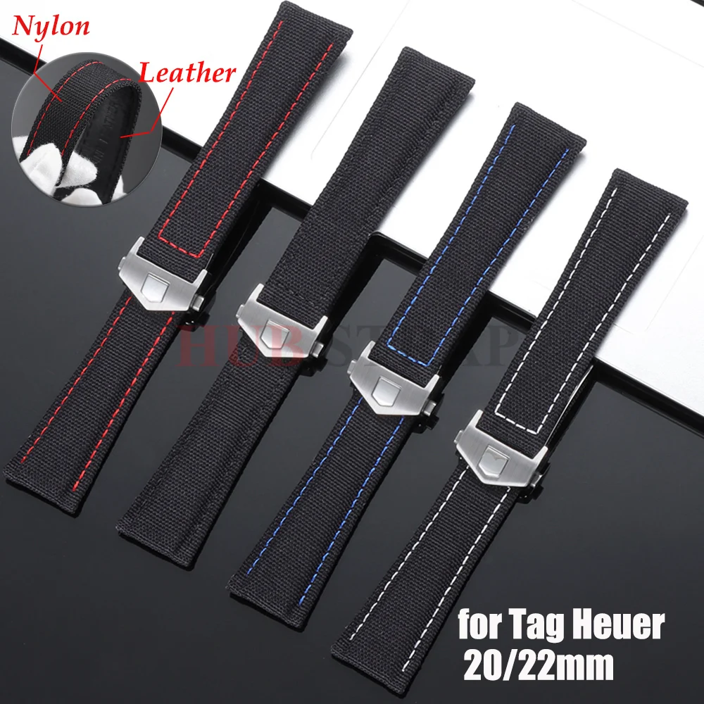 20mm 22mm Canvas Nylon Leather Watch Strap Fold Buckle Black Watch Band for Tag Heuer CARRERA AQUARACER Watch Bracelets for Men