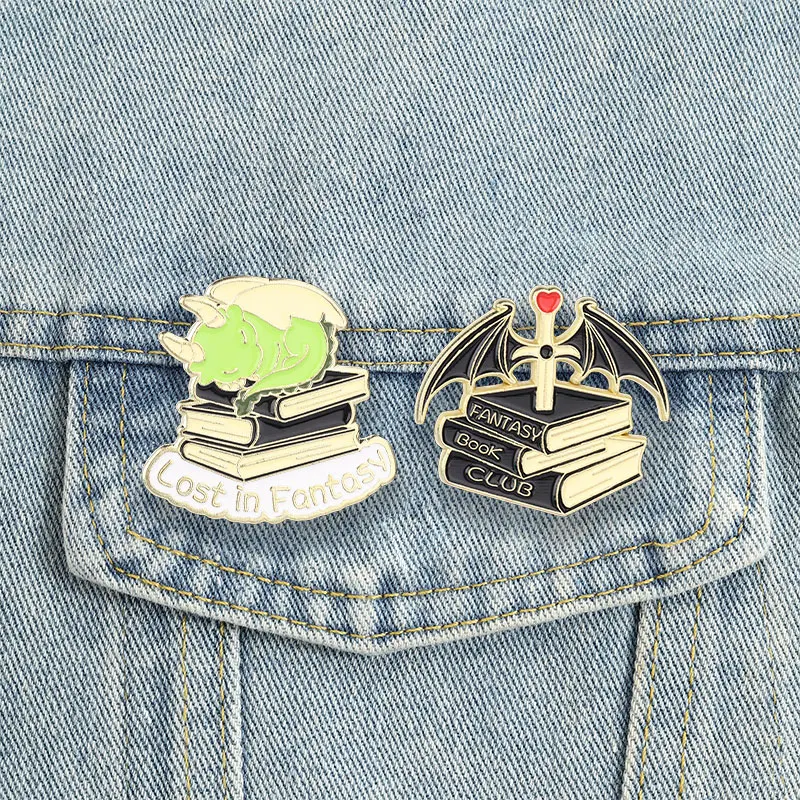 Sleeping Dragon Sword Enamel Pins Fantasy Book Lover Brooches Lapel Badge Magical Story Jewelry Gift for Fans Readers