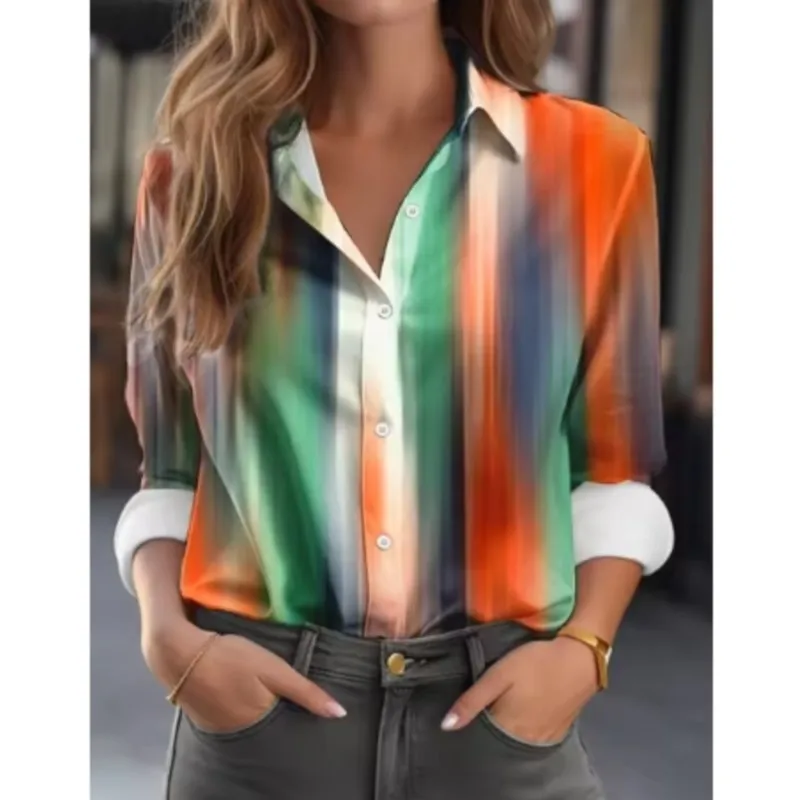 New elegant women's long sleeved shirt with mixed colors and colorful printed high-end feeling lapel button up shirt for womens