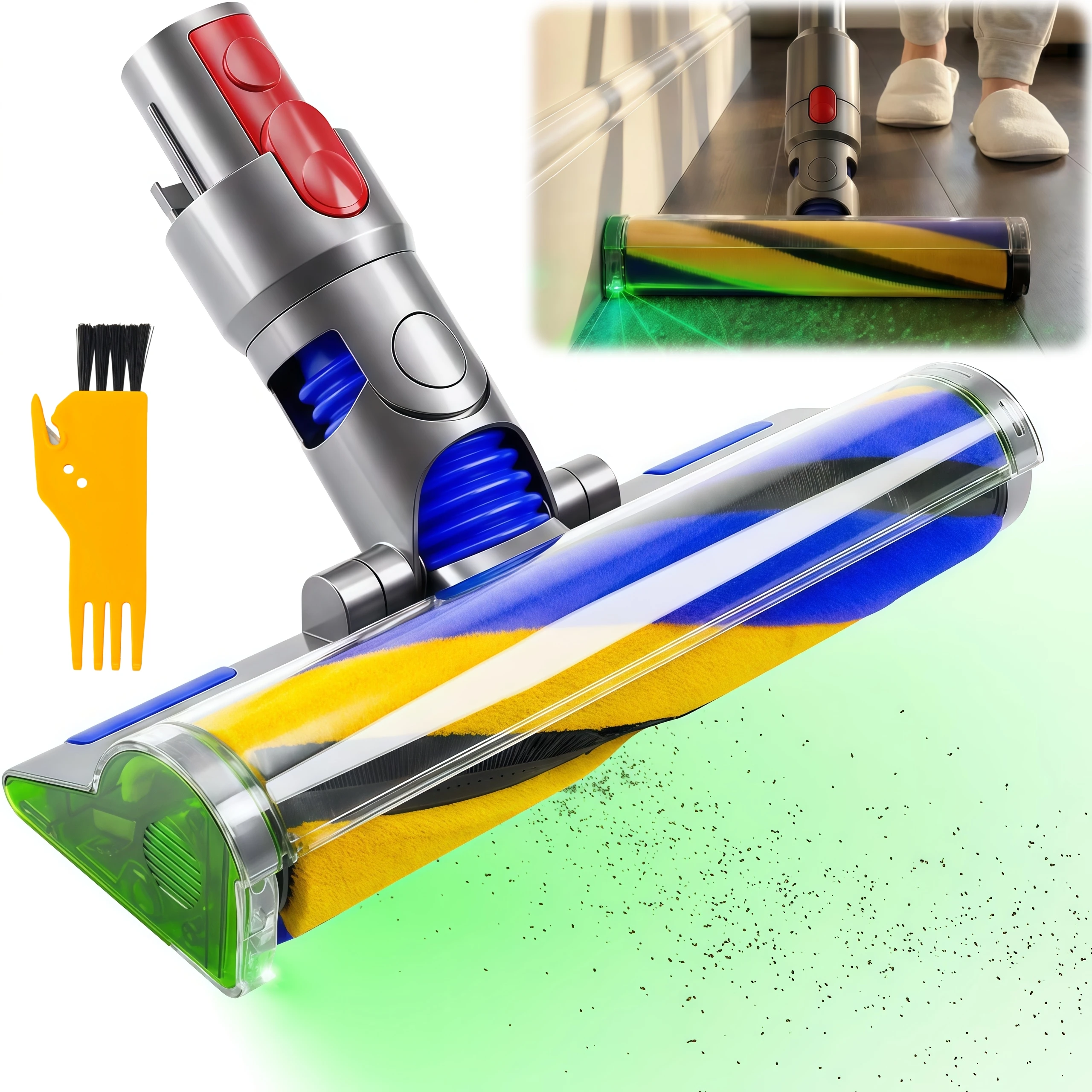 V15 LED Fluffy Optic Reinigungskopf für Dyson V15 V11 V10 V8 V7 Staubsauger – Weicher Rollenreinigerkopf als Ersatz für Hartholzböden