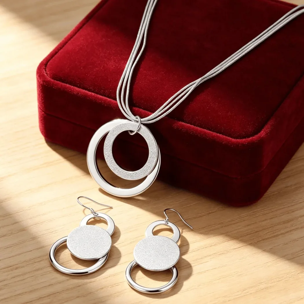 Charms 2pcs Sets 925 Sterling Silver Gorgeous Round Necklace Earrings set for Women lady Fashion Christmas Gifts