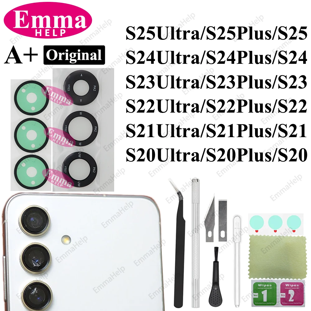1set Original Camera Glass for Samsung S25 S24 Ultra S23 S22 S21 S20 Plus with Adhesive Camera Lens Repair Tools Cleaning