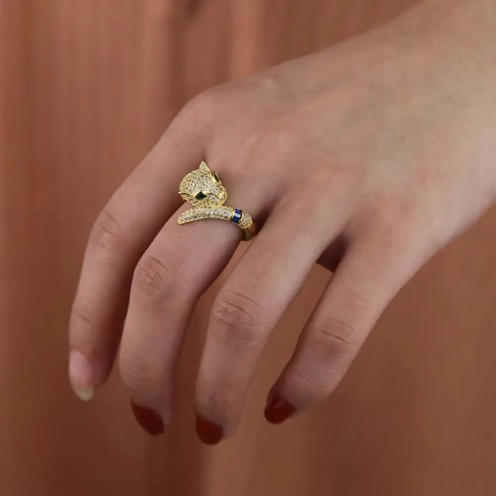 Gold Color HIP HOP Rock iced out bling women jewelry micro pave cz leopard cool animal finger ring