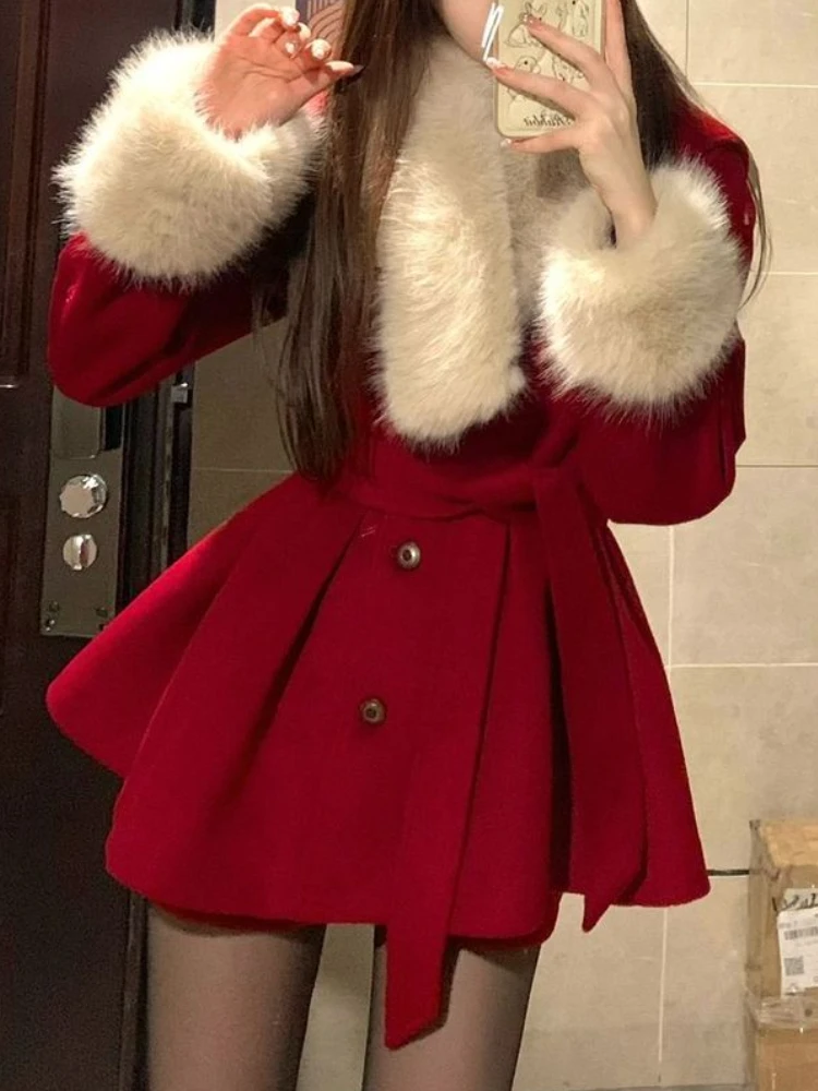 Christmas Red Elegant Y2k Two Piece Set Women Patchwork Vintage Y2k Warm Shorts Set Female Korean Casual New Year Clothes 2024