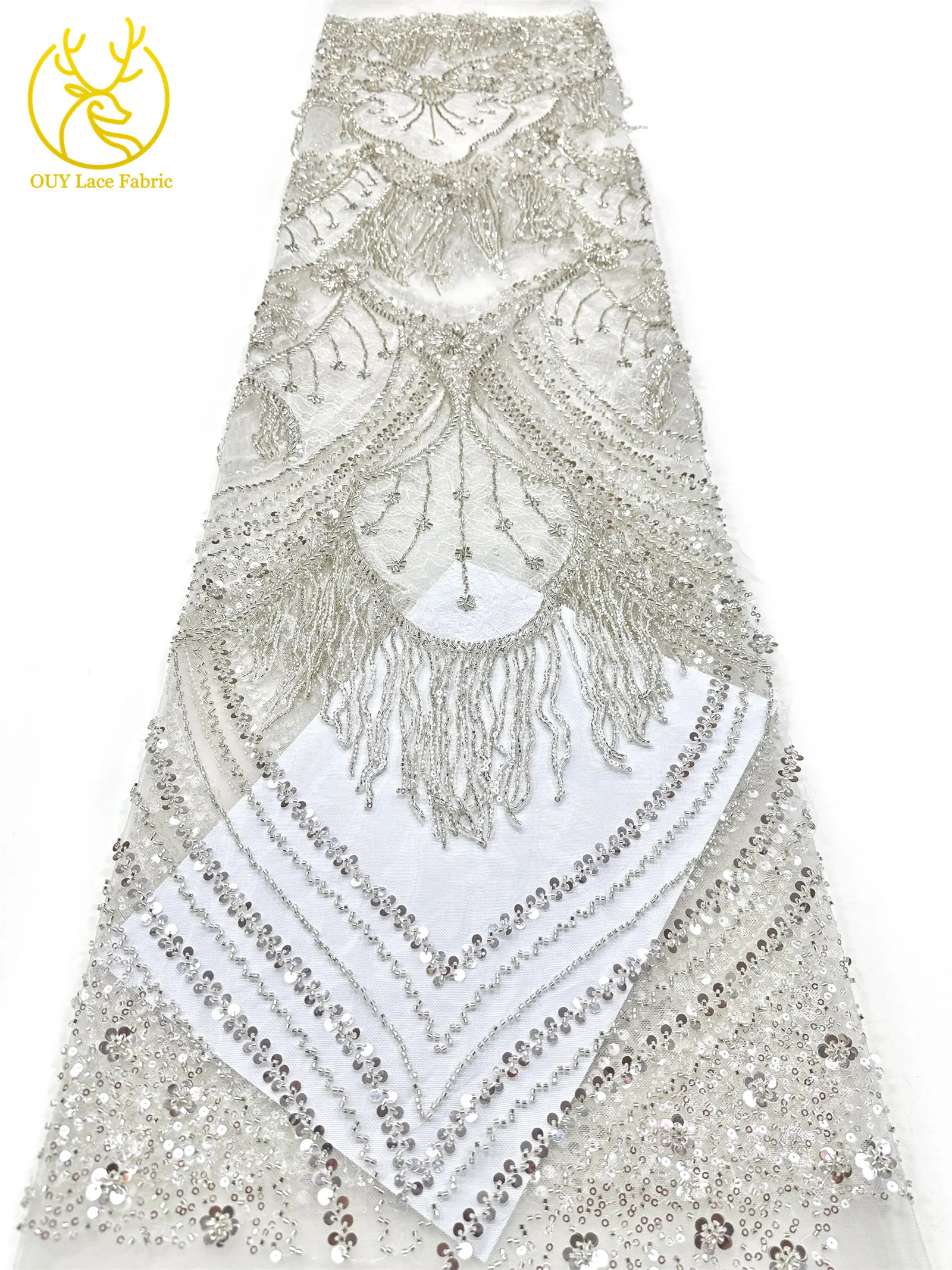 Neues Design 3D Laser Quasten-Perlen-Spitzenstoff Luxuriöser Hochwertiger Afrikanischer Pailletten-Spitzenstoff für Damen-Abendkleider zum Nähen – Detail 10