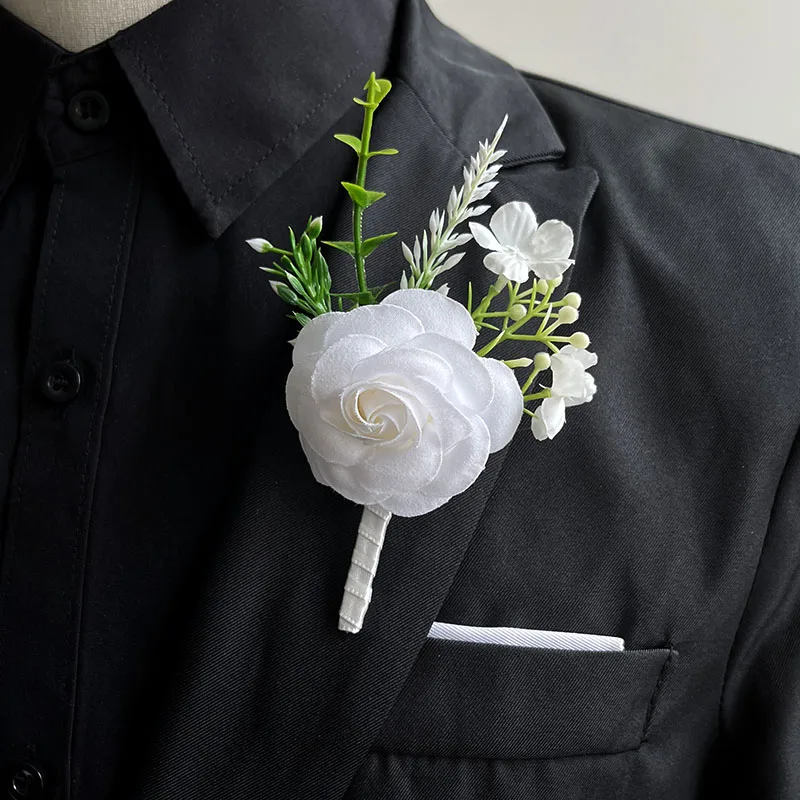 Ramillete de botones para hombre, accesorios de novio para boda, broche de flores, rosas de seda, alfileres de solapa con ojal, flores de boda