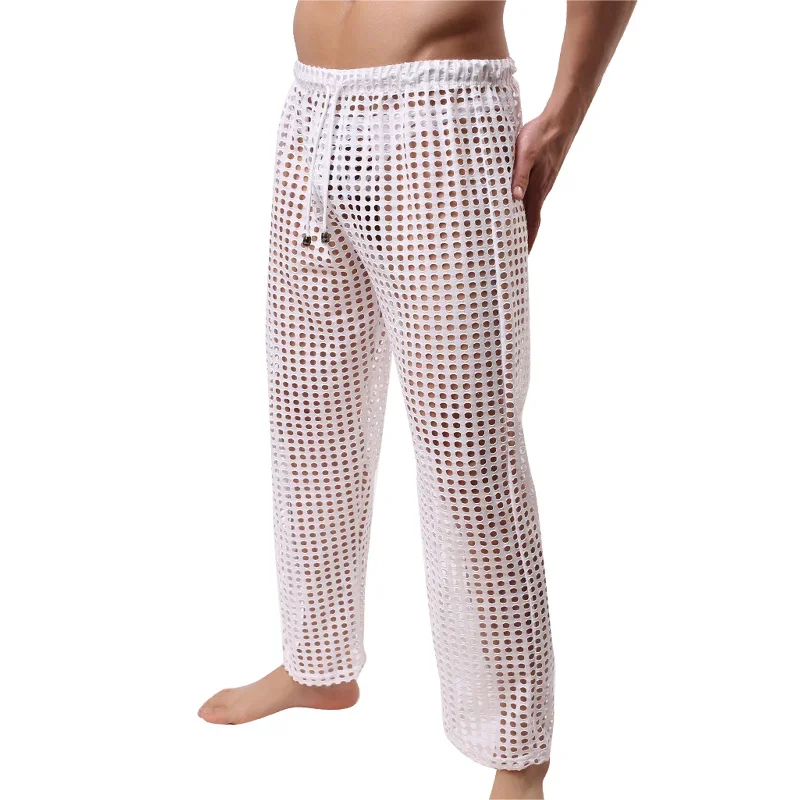 YUFEIDA Mens Pajamas Sexy Mesh See Through Long Pants Sleepwear Fishnet Hollow Out Fitness Trousers Sleep Bottoms Sexy Underwear