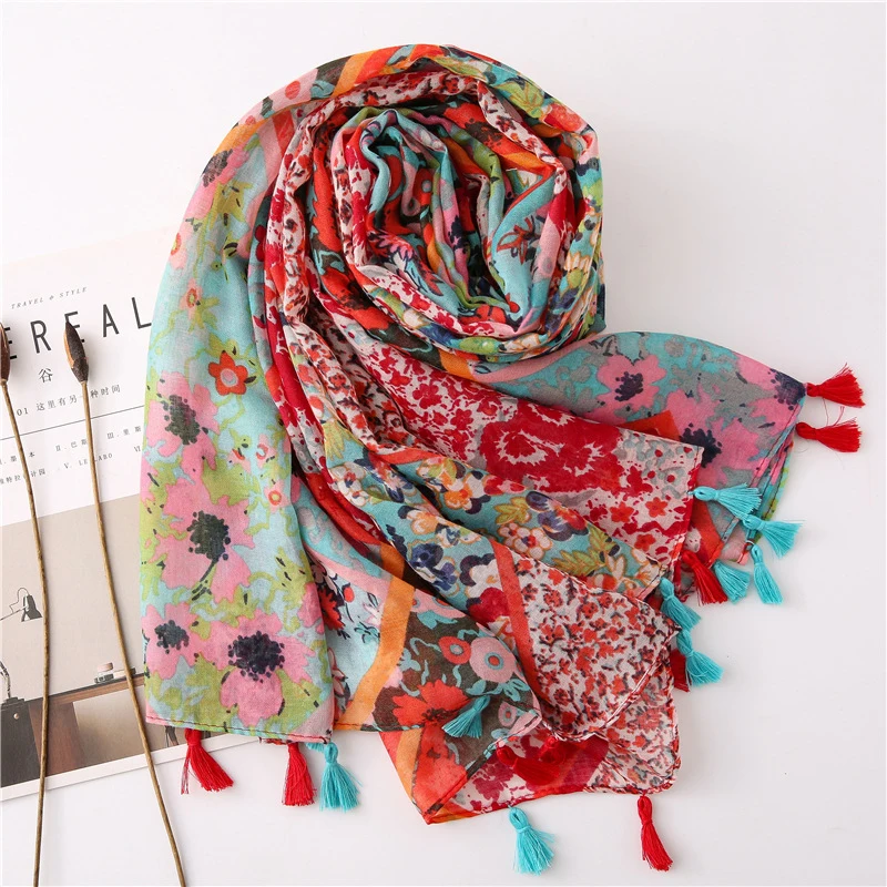 Fashion Viscose Cotton Scarf Floral Printed Hijab Tassel Shawls For Women Muslim Long Beach Stole Ladies Wrap Headband 180*90cm