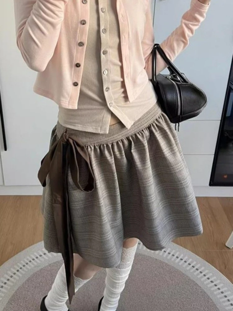 

2025 Harajuku Vintage Plaid Skirts Women High Waist A-line Bandage Grunge Middle-skirt Y2k Aesthetic Woman Pleated Jupe Autumn