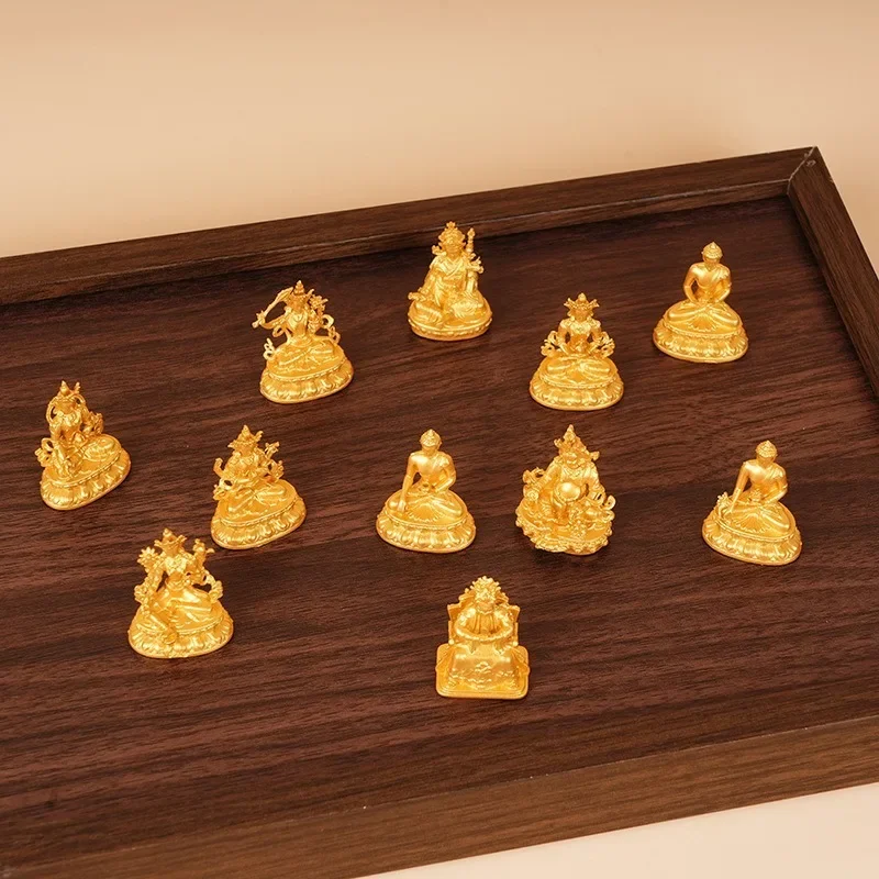 HYS Golden Mini Portable Buddha Statue 3cm Ornament Yellow God of Wealth Manjushri Four Arms Exquisite Guanyin