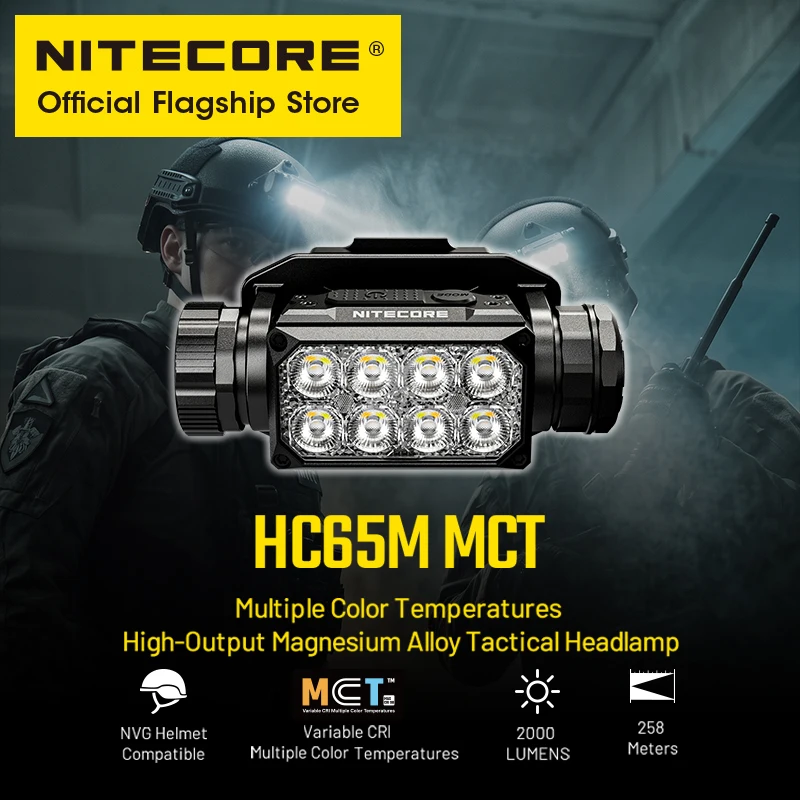 NITECORE HC65M MCT Tactical Headlamp Compatible NVG Helmet Multiple Color Temperatures USB-C LED Headlight,18650 Li-ion Battery