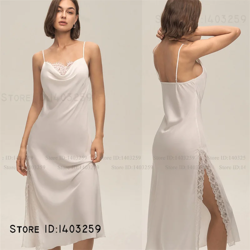 

Элегантная белая длинная ночная рубашка размера плюс, сорочка, шелковистая атласная ночная рубашка, ночная рубашка, сексуальное кружевное белье, домашняя одежда, домашняя одежда
