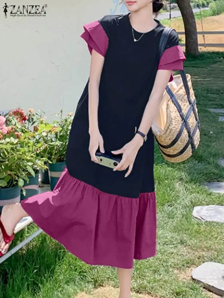 Fashion Summer Sundress Women Fashion Holiday Party Dress 2024 ZANZEA Casual Short Sleeve Patchwork Baggy Vestidos Robe Femme