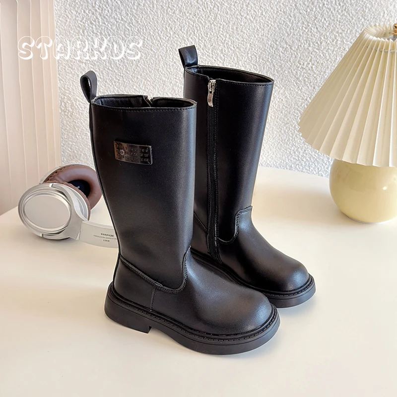 

Brand Design Metal Buckle Black Knee High Boots Kids Girl Side Zipper Long Booties Baby Child Thick Sole Round Toe Knight Botas