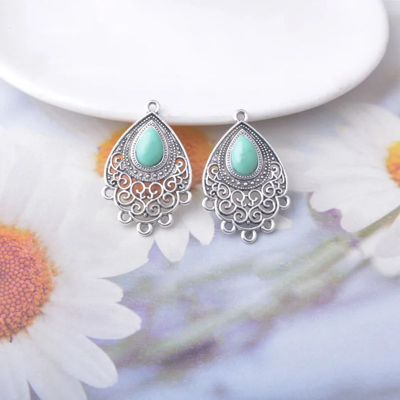 10 قطعة/الوحدة العرقية العتيقة فضي سحر موصلات النتائج مجوهرات طويلة جولة زهرة البيضاوي بوهو Peadant DIY النساء الأقراط