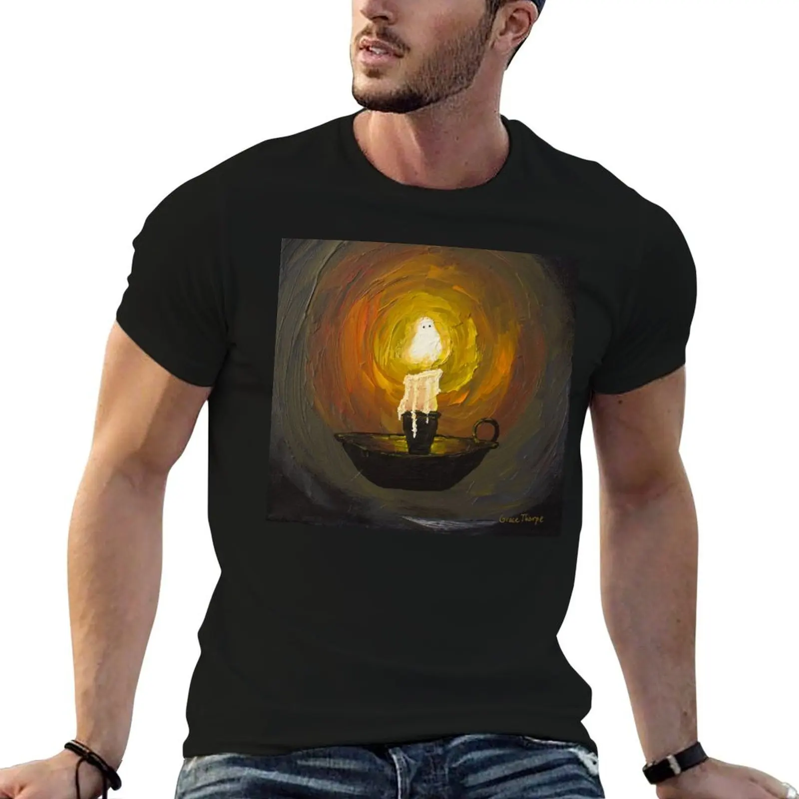 Candle Flame Ghost Acrylic Painting T-Shirt vintage clothes designer shirts T-shirt men