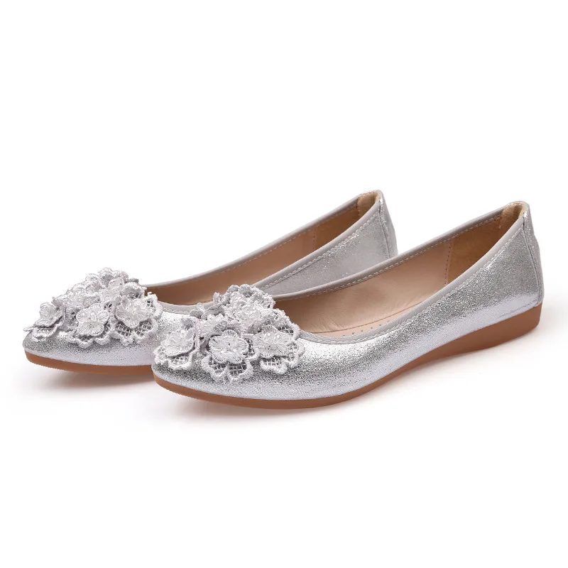 Metal Bow Crystal Shoes for Women Ballerina Flats Pointed Toe Gold and Silver Loafers Plus New Arrivals American Styles