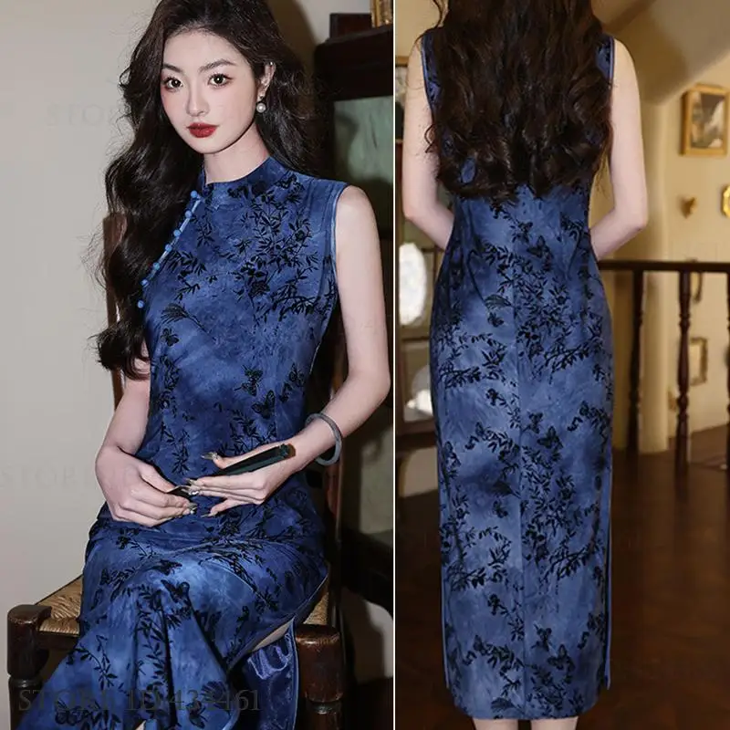 

New Chinese Style Long Cheongsam Women's Dresses Vintgae Classic Mandarin Collar Qipao Oriental Costume Sexy Slim Split Vestidos