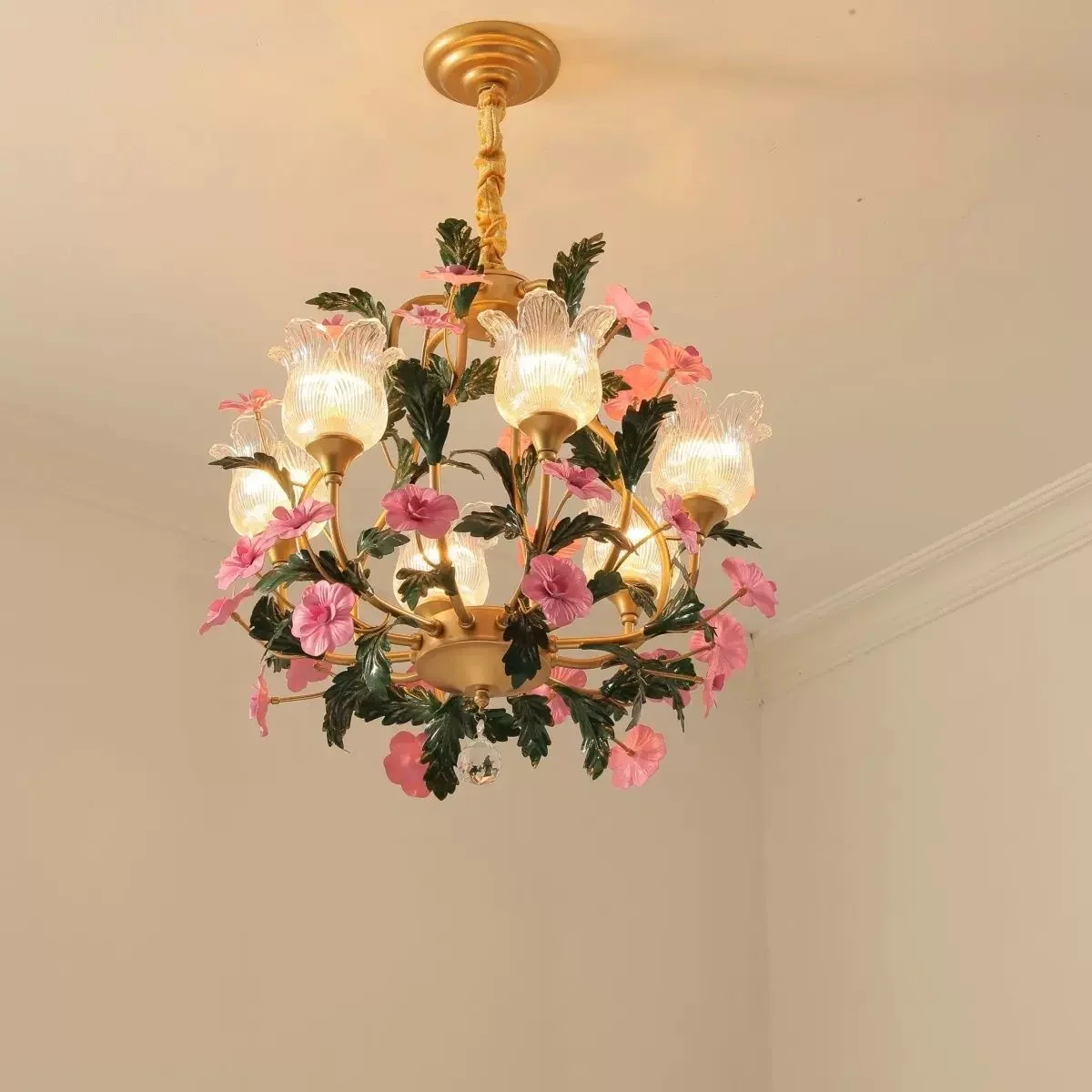 French style living room pendant light, vintage wrought iron flower, rural countryside creative bedroom dining room pendant ligh