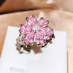 Hot Selling Pink Heart-shaped Zircon Ring Female Sweet Pink Diamond Flower Ring Eternal Love Fashion Jewelry Party Gift