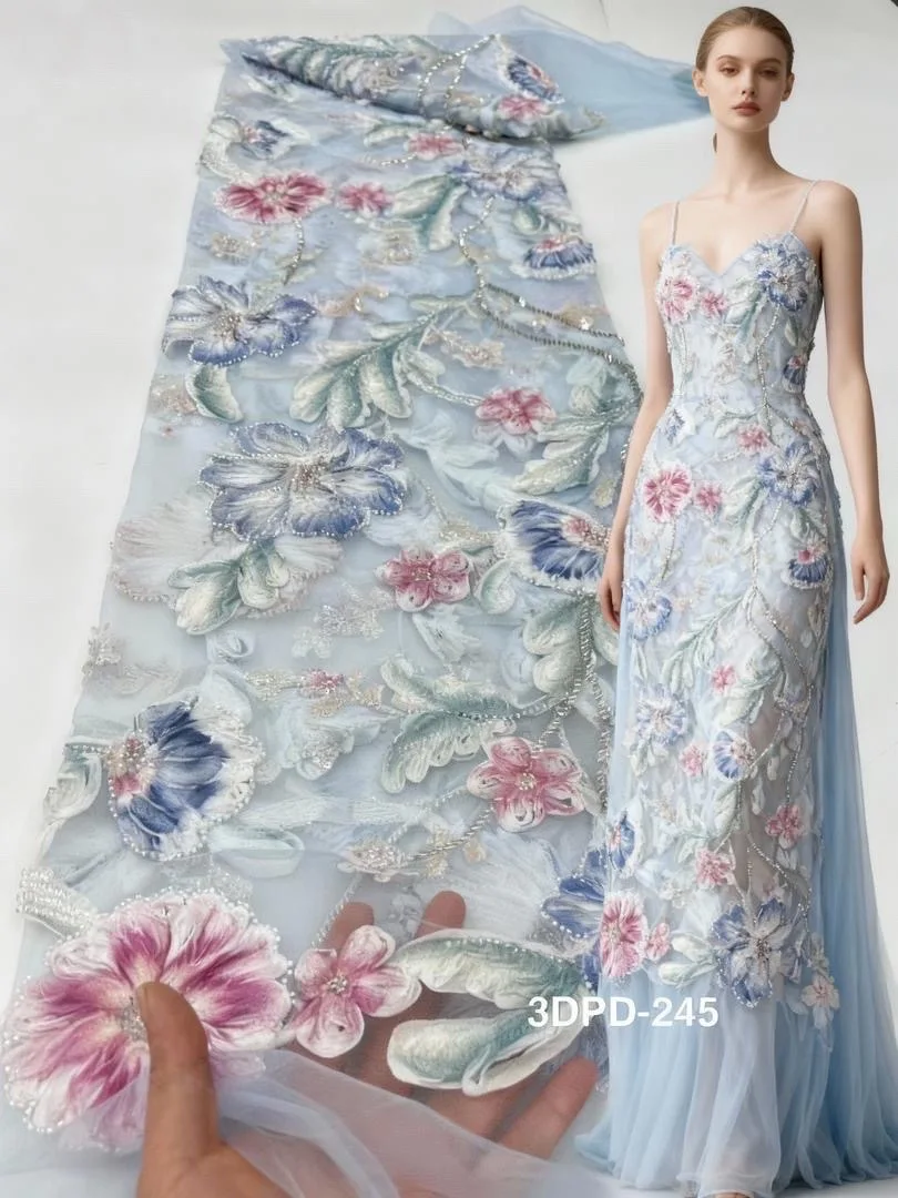 

African Tulle Fabrics 5 Yards Luxury Chiffon 2025 High Quality African French Beads Lace Nigerian Sequins For Sewing Women Dress