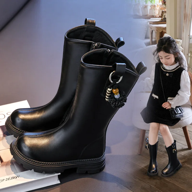 

Classic Kids Warm Cotton Boots 2025 New Winter Black Long Boots for Children's Cute Hairball Plush Girls Fashion Platform Boots