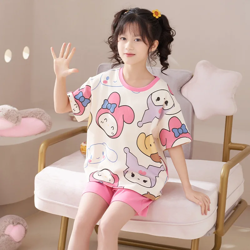 Conjuntos de pijama Kawaii para niños, ropa de dormir de algodón, pantalones cortos de manga corta, ropa de estar por casa, My Melody, Cinnamoroll, Verano