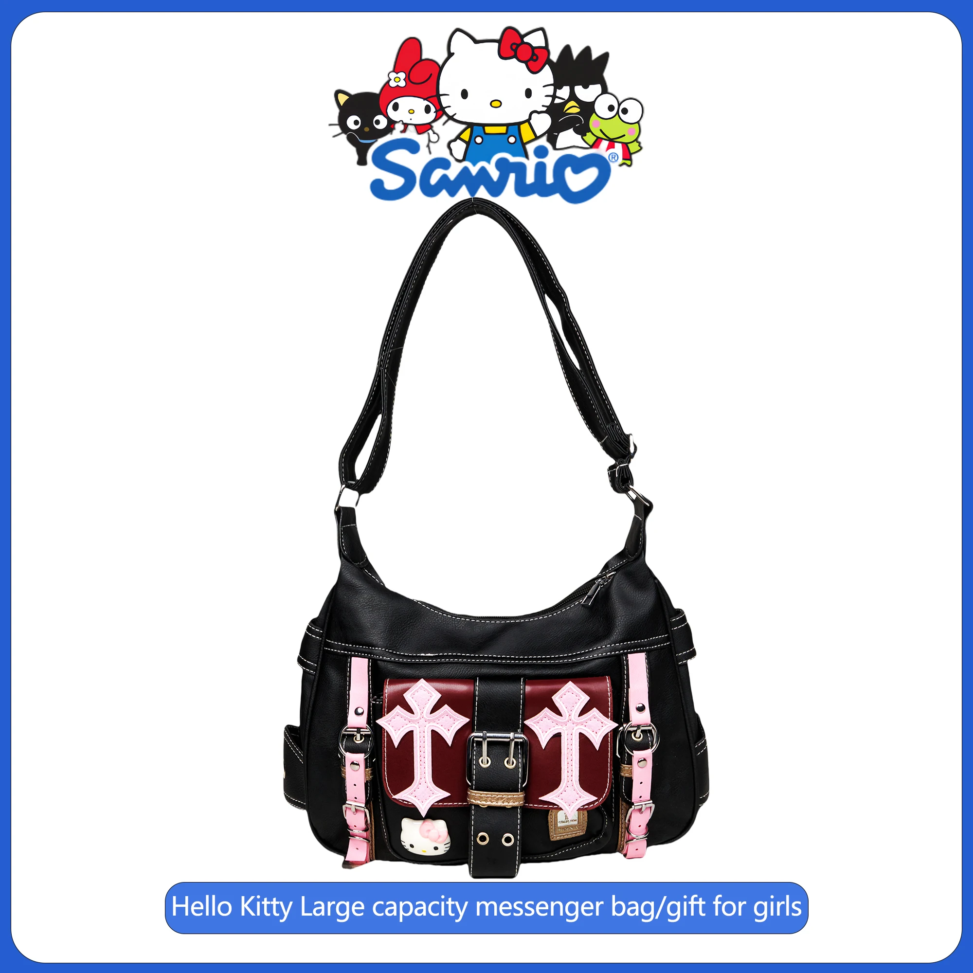

Sanrio Hello Kitty Gothic Punk Vintage Pink Cross Chains Crossbody Bags For Women Y2K Hot Girl Handbag Trend Tote Bag Gift