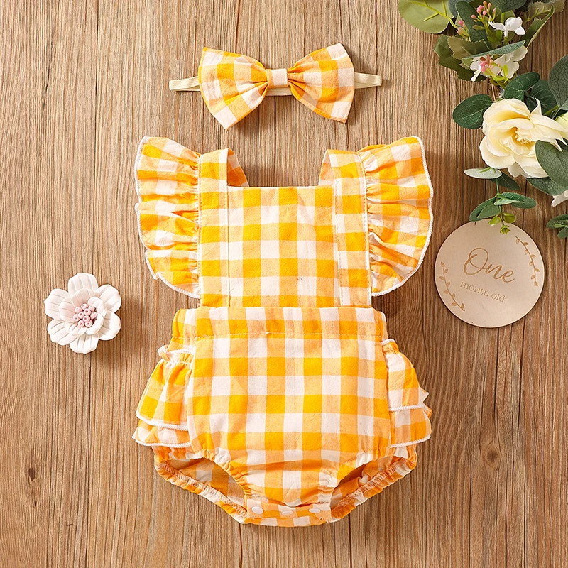 Newborn Baby Girl Bubble Cotton Plaid Flying Sleeve Climbing Suit With Buttocks+Headwear