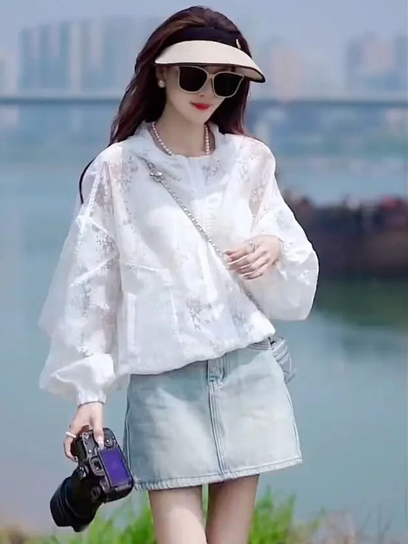 Lace Embroidered Women's Summer Lightweight Casual Top Sun Protection Outerwear Fashionable Small Size Versatile Zipper Closure