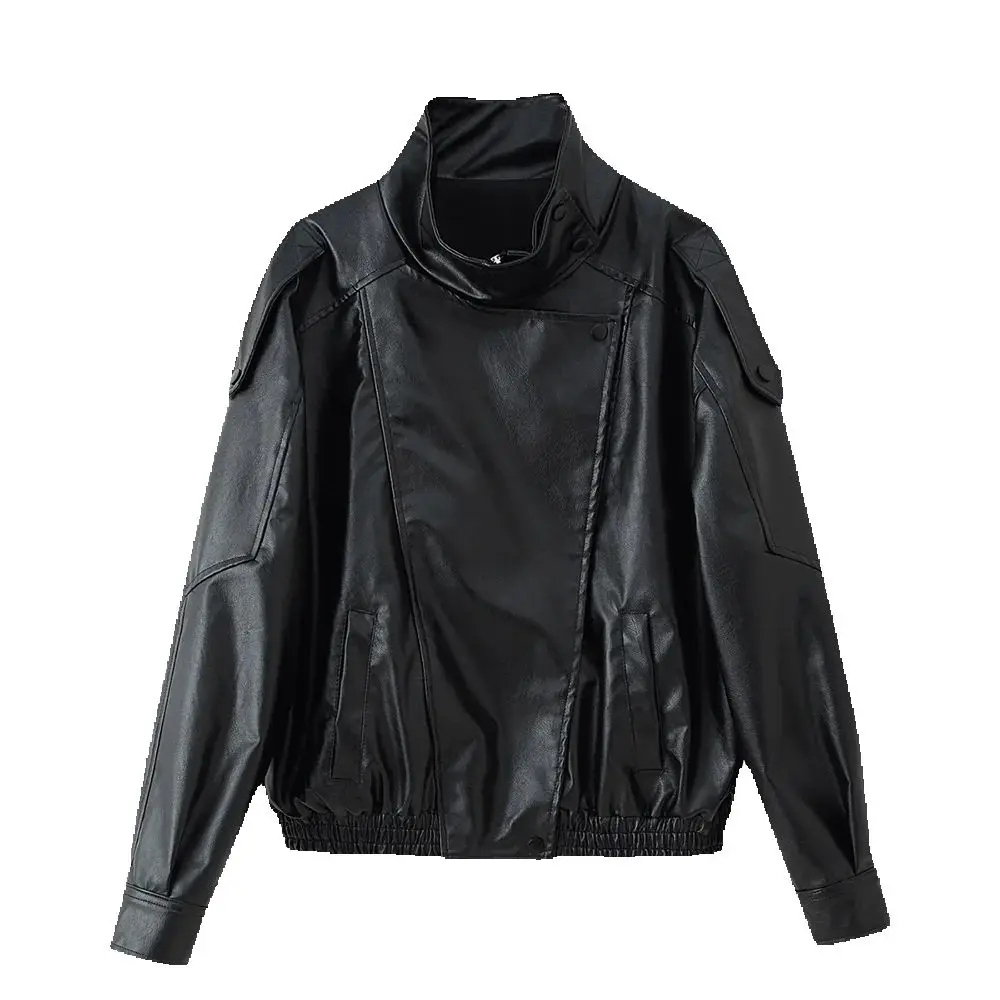 

Autumn new fashion motorcycle style loose fitting faux leather long sleeved stand up collar jacket, leather jacket for women