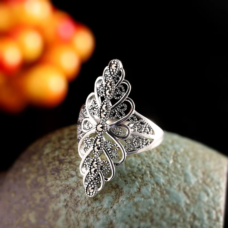 Fashionable Retro S925 Silver Jewelry Women's Bohemian Style Minimally Hollow out Maxie Stone Ring