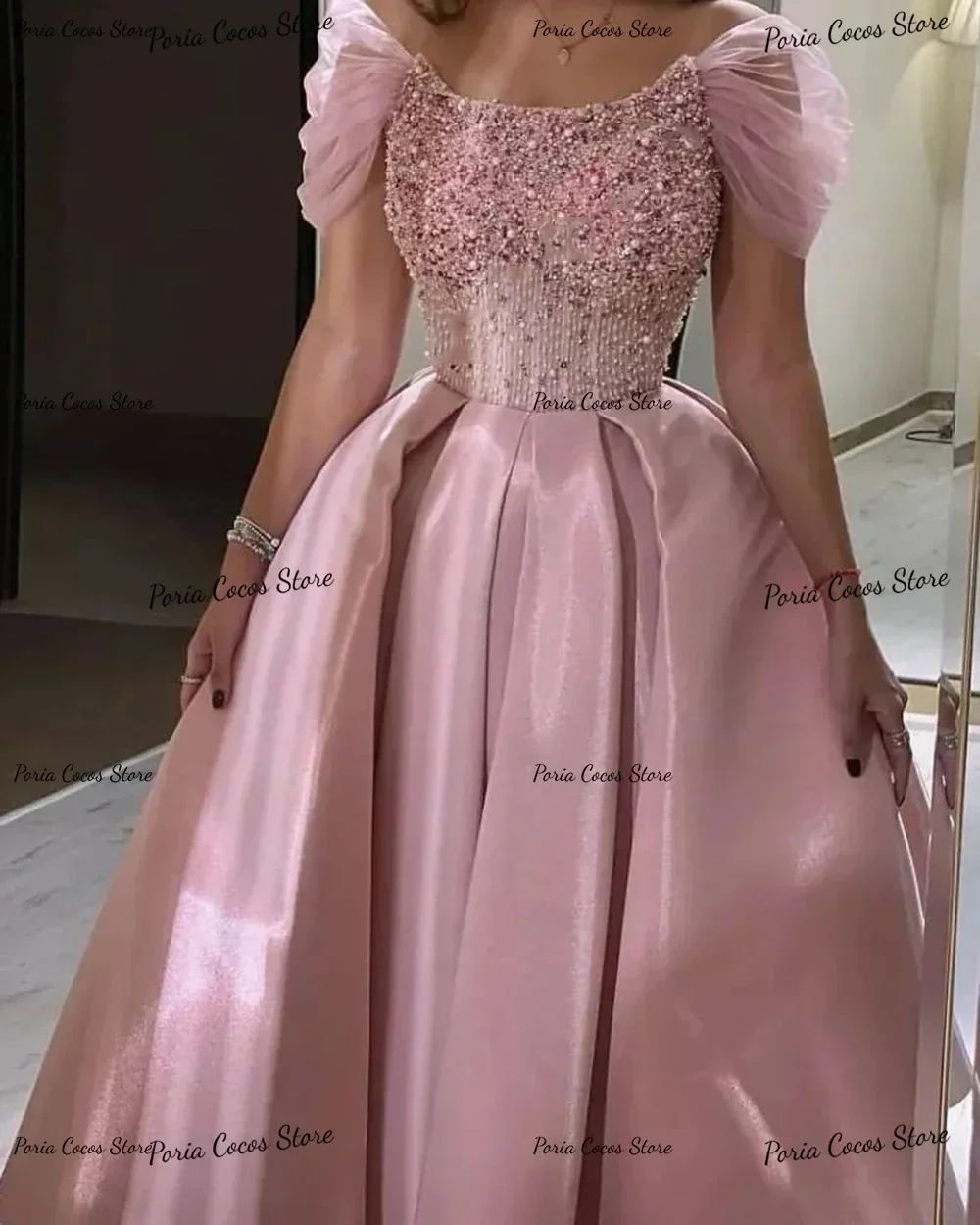 Customized A-line Satin Patchwork Gown Off Shoulder Sparkly Women Evening Party Dresses Vestido Formatura Luxo Glamurosos